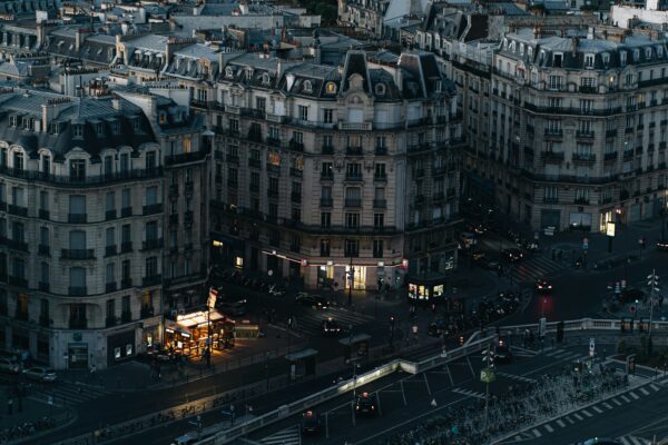 an aerial view of a city at night