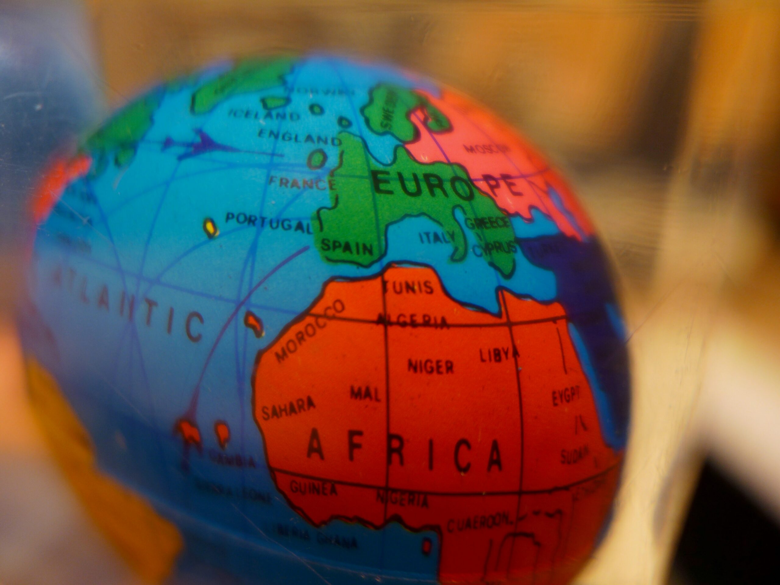A close-up of a colorful globe showing africa and europe.