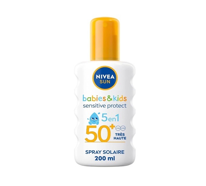 NIVEA SUN Kids Spray solaire Protect & Play Sensitive FPS 50+ (1x200 ml), protection anti UV sans parfum & ultra résistante à l’eau, écran solaire enrichi en aloe vera : Amazon.fr: Bébé et Puériculture