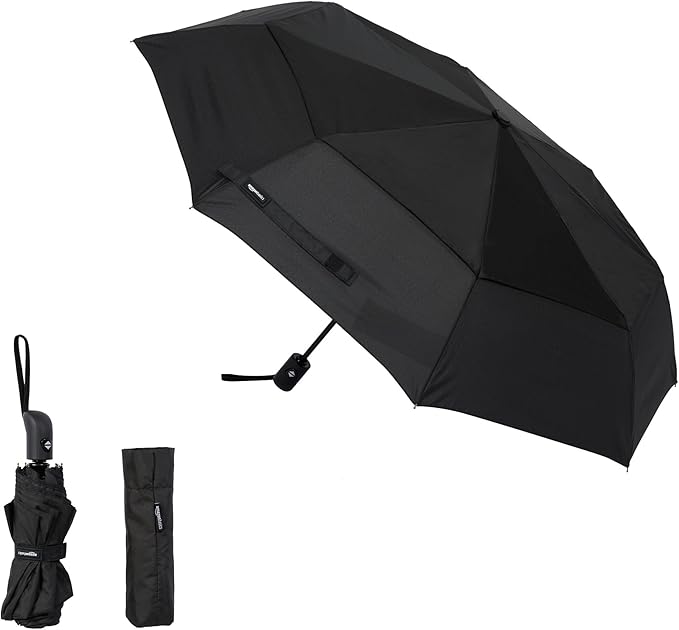 Amazon Basics Automatic Travel Umbrella, Compact Diameter 98 cm, Windproof, with Air Vent, Round, Black, One Size : Amazon.fr: Fashion