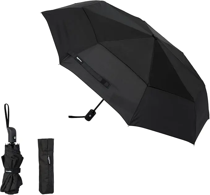 Amazon Basics Automatic Travel Umbrella, Compact Diameter 98 cm, Windproof, with Air Vent, Round, Black, One Size : Amazon.fr: Fashion