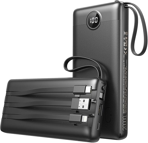 VEEKTOMX POWER BANK Chargeur Batterie avec Câbles Intégrés, 20,000mAh Batterie Externe pour iPhone, Ultra-Mince Petit Battery Pack de Voyage, Compatible avec iPhone/Samsung/Android (Noir), VT201 : Amazon.fr: High-Tech