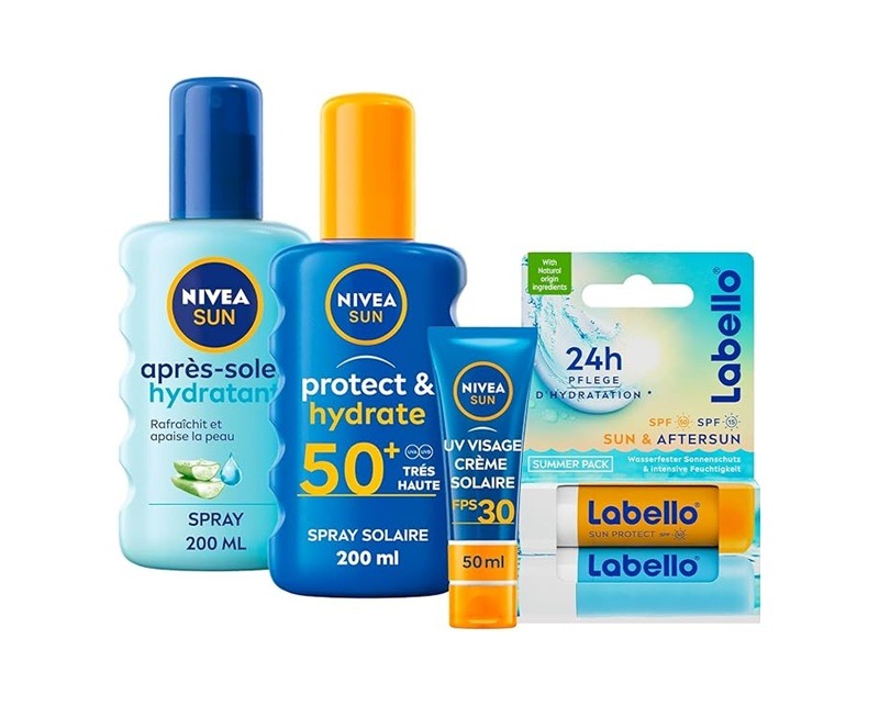 NIVEA SUN - Coffret Protection Solaire - Crème Solaire Visage FPS 30 (50 ml) + Spray Protect & Hydrate FPS 50+ (200 ml) + Spray Après Soleil (200 ml) + Duo Labello Sun & After Sun + Ballon De Plage : Amazon.fr: Beauté et Parfum