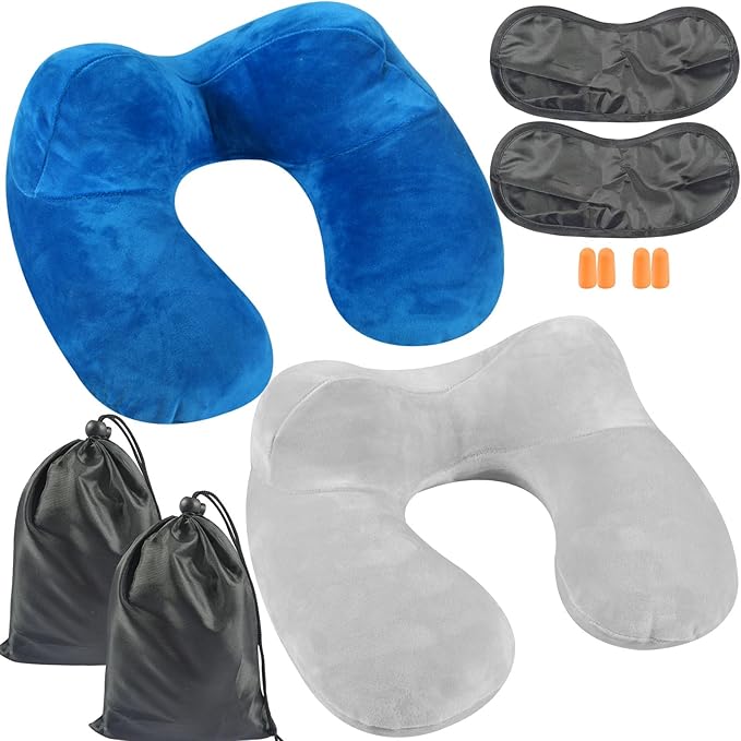 Oreiller Gonflable de Voyage,2 Sets Coussin Voyage Ergonomique,Compact Coussin de Voyage avec Taie d'oreiller Lavable, avec Masque pour Dormir+ Bouchons d’Oreilles + Sac Transport,pour Avion et Train : Amazon.fr: Mode