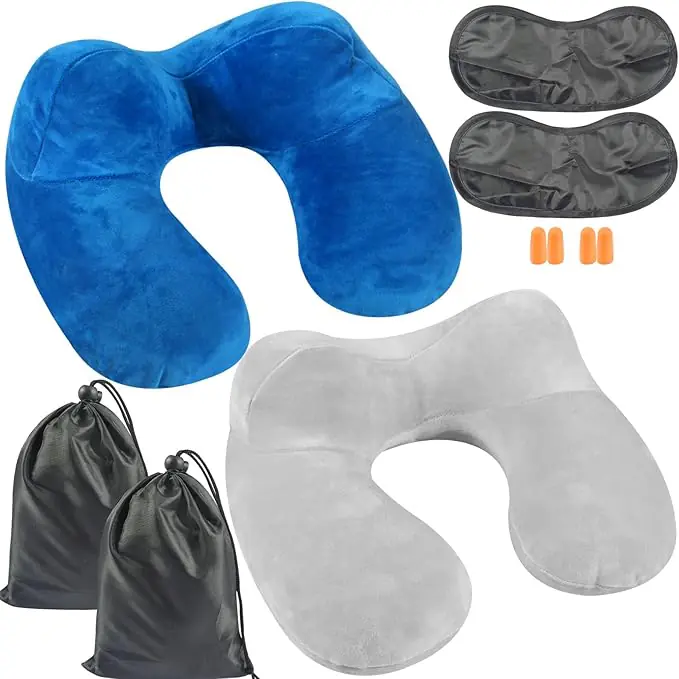 Oreiller Gonflable de Voyage,2 Sets Coussin Voyage Ergonomique,Compact Coussin de Voyage avec Taie d'oreiller Lavable, avec Masque pour Dormir+ Bouchons d’Oreilles + Sac Transport,pour Avion et Train : Amazon.fr: Mode