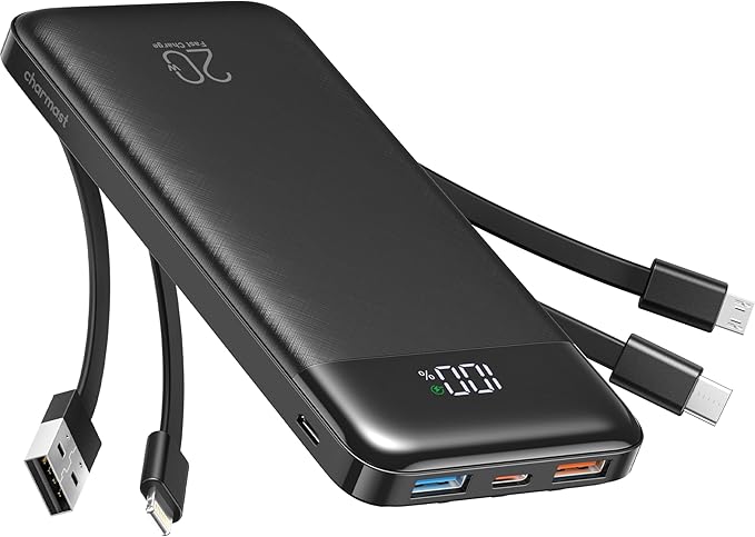 Charmast Batterie Externe 20000mAh, 22.5W Power Bank Charge Rapide avec câbles intégrés, 6 Sorties et 4 Entrées pour iPhone 17 16 15 14 Samsung S21 S22 : Amazon.fr: High-Tech