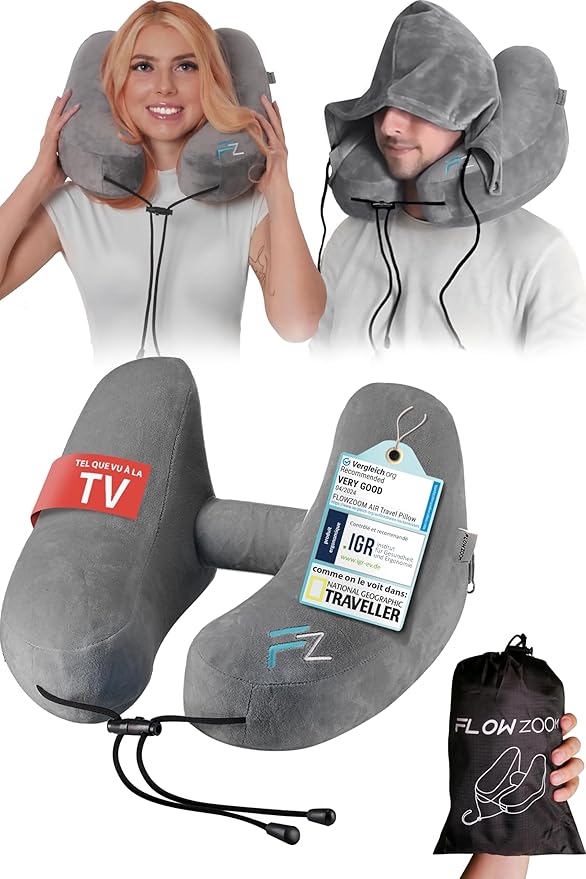 FLOWZOOM Air Coussin de Voyage Gonflable pour Avion et Voiture – Coussin pour Avion Réglable, 5 Positions de Sommeil, Gonflage Rapide, Capuche Amovible, Housse en Peluche – Taille L, Gris : Amazon.fr: Mode
